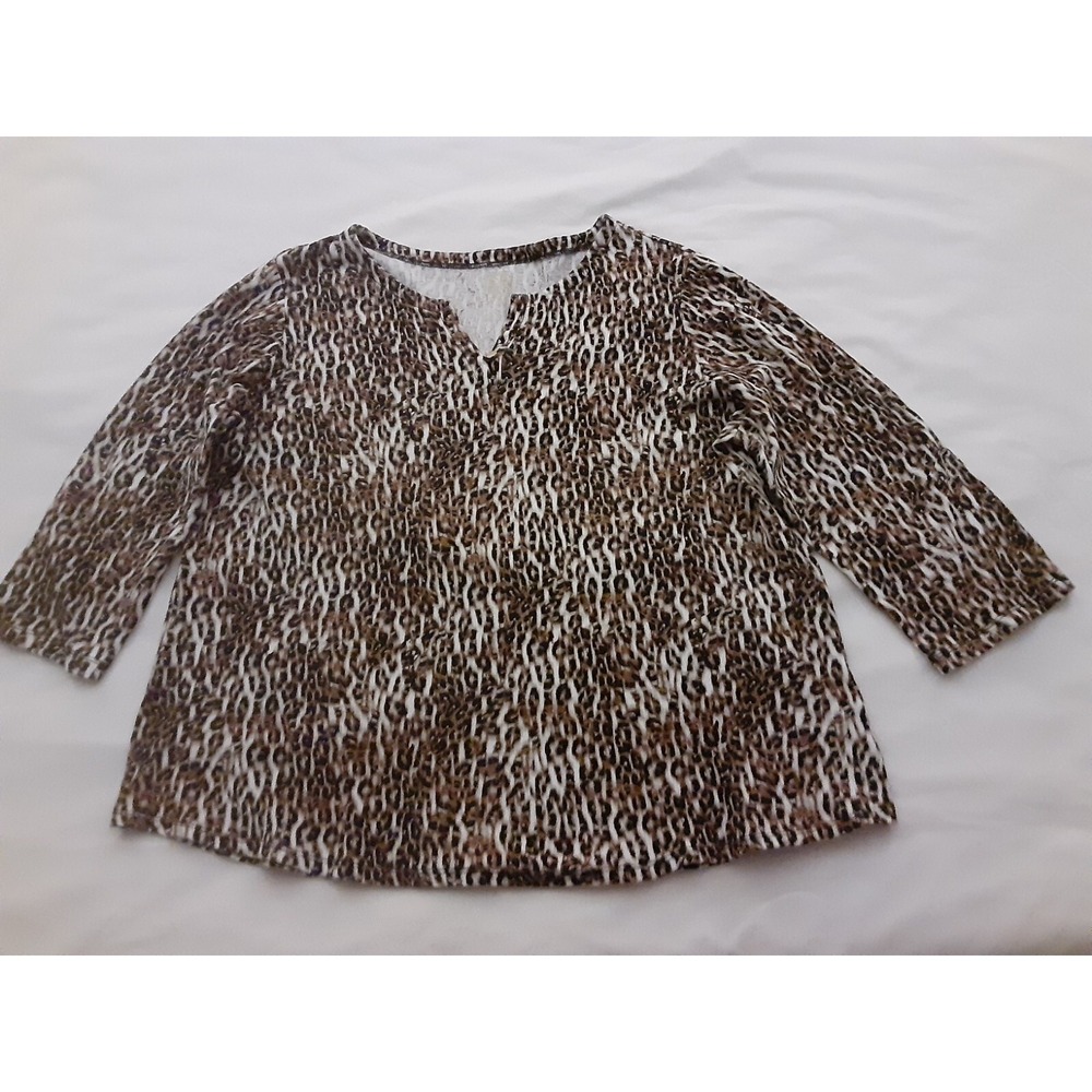 Anne Klein Sport  So Soft Animal Print  Brownn Black on White 3/4 Sleeve Sz 2X